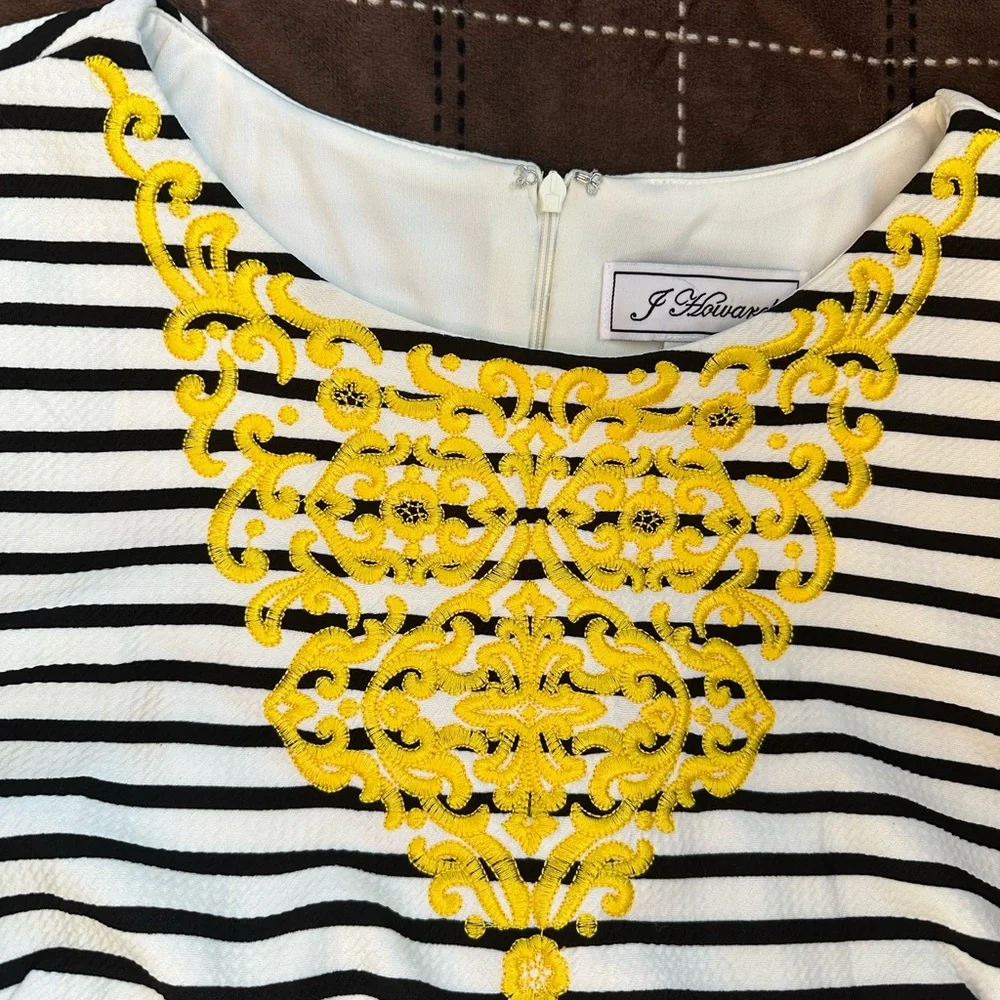 Striped Black and White Dress w/ Yellow Embellishments - Picture 2 of 4